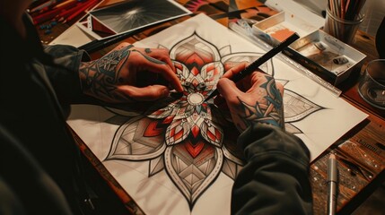 draw a back geometrical colored tattoo on white paper