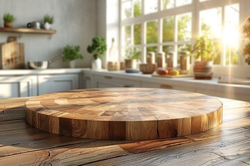 A round-shaped brown wooden cutting board with a kitchen background. The shooting is in front straight with a cutting board - Powered by Adobe
