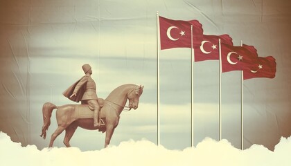 Vintage illustration for the commemoration of ataturk, youth and sports day in turkey with a statue of ataturk on a horse.