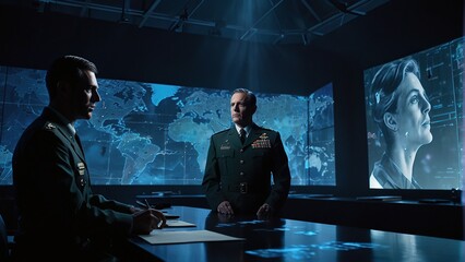 A man and woman in military uniforms are sitting at a table in a dark room. There are screens on the walls showing a map and a woman's face.