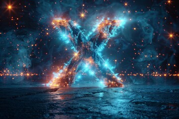 A dazzling 3D rendered letter X, glowing with cosmic energy against a dark, starry background,...