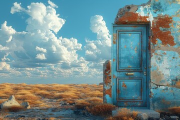 A vintage blue door inset in a weathered wall with peeling paint, set against a desert backdrop, conveys a sense of history and bygone era