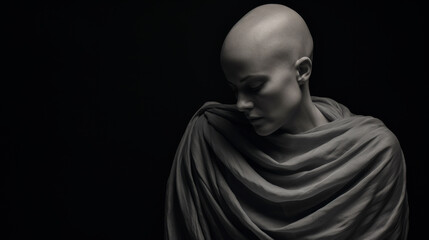 Sick bald woman holding wig in thoughtful pose.