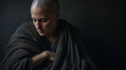 Sick bald woman clutching wig in contemplation