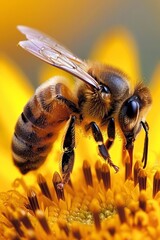 Busy bee collecting pollen  aerial view of honey bee gathering nectar from flower