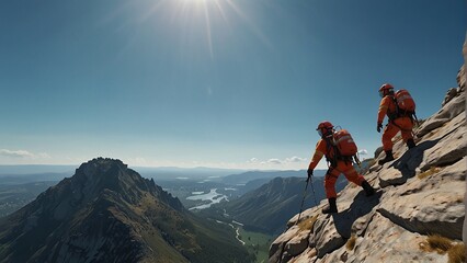 Obraz premium Two people in orange protective gear are climbing a steep rocky mountain. In the background, there is a valley and mountains in the distance. The sun is shining brightly.