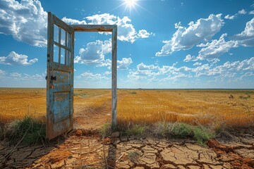 An open door abandoned in wheat field offers a metaphor for freedom and choices, with a wide open sky and earthy tones