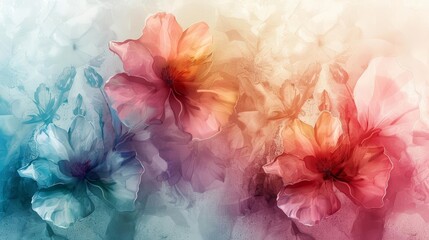 Modern design background with abstract flowers, detailed in a closeup view using watercolor and transparency techniques for a fresh, artistic wall decoration
