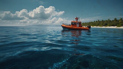 A small orange boat is anchored in a calm sea. The sky is blue and cloudy and there is a small island with trees in the background.