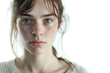 Portrait of young woman with depressive state on white background