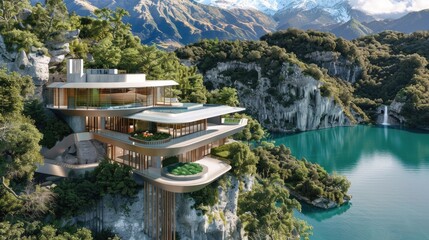 a futuristic penthouse perched on the side of a steep mountain, anchored by imposing concrete and rebar pilings, overlooking a serene scene of natural beauty with majestic pine trees.