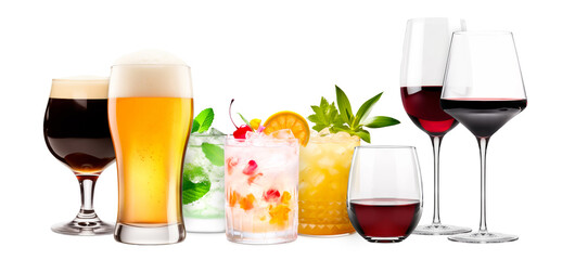 Set and collection of classic alcohol cocktails, beer and mocktail isolated on white background with fresh summer fruits
