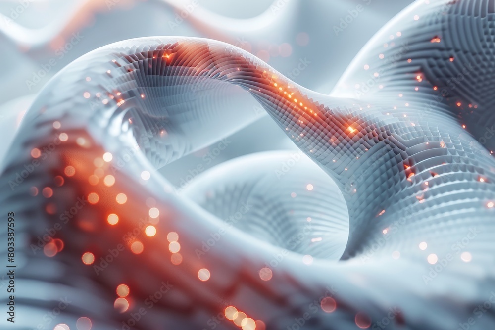 Poster this image depicts a digital representation of flowing waves illuminated with glowing red dots on a 