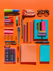 A notebook, along with various school supplies, arranged neatly on an orange background in a flat lay composition
