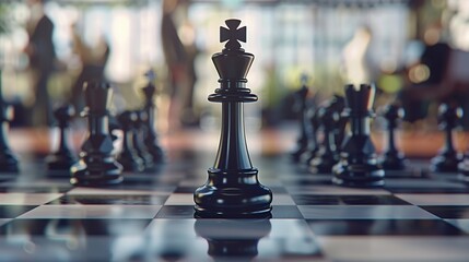 Black chess pieces on the board, with a blurred background