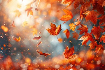 Warm sunlight filters through floating autumn leaves, creating a magical and dreamy forest atmosphere