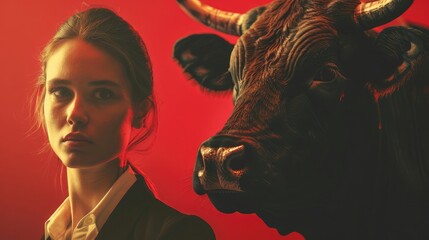 Dynamic finance business bullish investors markets concept business woman looking bull red background business up hot