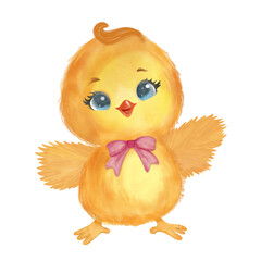 happy chick with a pink Bow. blue charming eyes