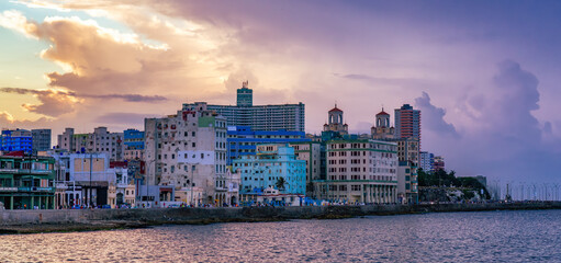 Old Havana City, Capital of Cuba, Ocean Coast. Cloudy Sunset