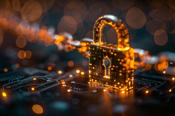 A digitally enhanced image showing a golden padlock on a dark circuit board, symbolizing secure technology