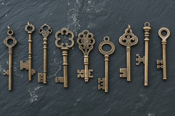 A set of vintage, brass keys of various sizes and shapes, each with its own intricate design, neatly aligned against a solid, dark slate gray background.