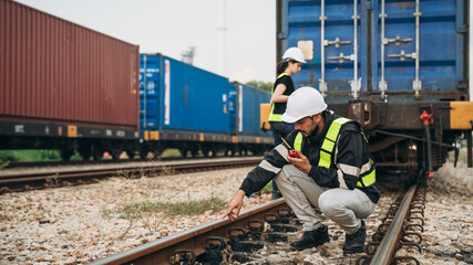 Supervisor inspecting inventory or task information on freight train cars and shipping containers. This pertains to logistics, including the import and export sectors.