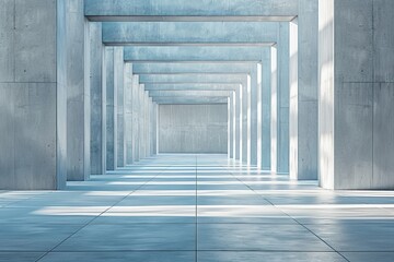 A captivating view down a long corridor with repetitive geometric structures highlighted by blue toned lighting, invoking depth and continuity