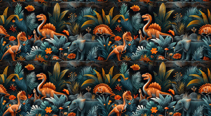 Dinosaurs and Flowers Pattern on Black Background