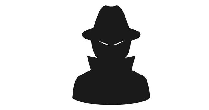 Undercover agent suspiciously screws up his eyes, private detective or spy icon in hat and coat, transparent background footage