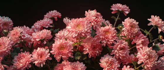   A group of pink flowers against a black backdrop Black background surrounds the flowers