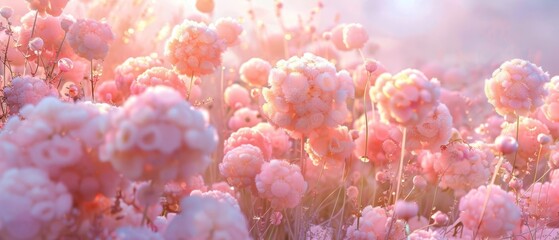   A field filled with pink flowers under the sun, clouds scattering light in between