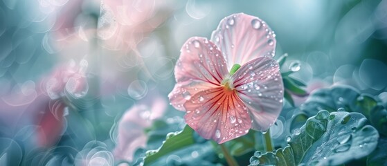   A tight shot of a pink blossom speckled with water droplets, a green foliage plant in the near foreground