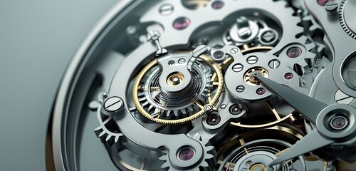 A close-up of a complex, mechanical watch movement, its gears and springs meticulously arranged, set against a gradient gray background.