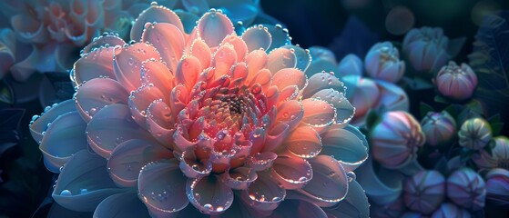   A tight shot of a pink bloom adorned with droplets on its petals, set against a mid-section of azure backdrop - Powered by Adobe