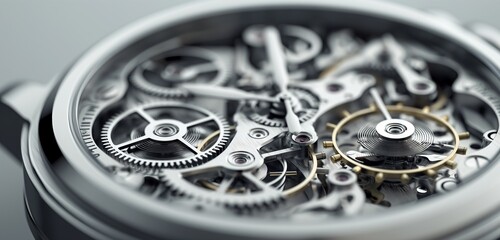 A close-up of a complex, mechanical watch movement, its gears and springs meticulously arranged,...