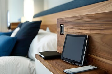 close-up shot of the bed's headboard, featuring an integrated laptop holder and smartphone stand made of wood