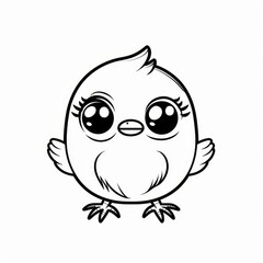   A monochrome depiction of a small bird with oversized, melancholic eyes