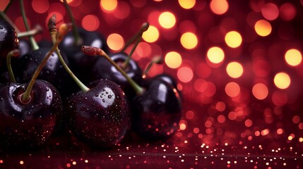 A cluster of ripe, dark cherries, their glossy surfaces reflecting the twinkling lights of a deep ruby red glitter background. - Powered by Adobe