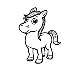   A cartoon horse wearing a hat and smiling, outlined in black and white