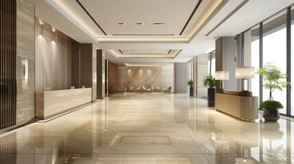 Neutral-toned Lobby with Minimalist Decor & Abundant Natural Light AI Generated.