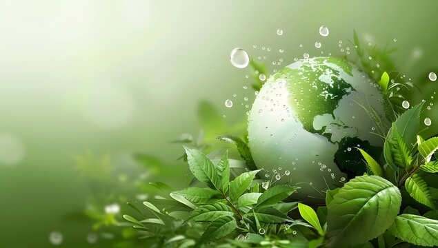 Green earth background with leaves and globe for eco friendly, environmental protection, sustainability, ecology and environment day concept