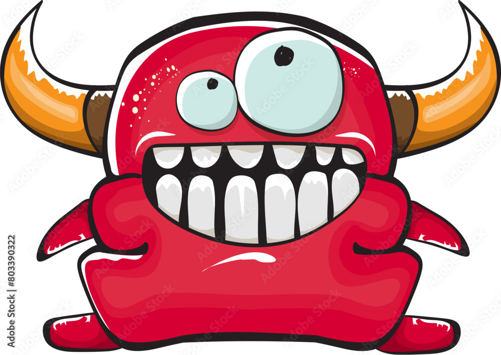 Sticker vector cartoon funny red monster with mouth, eyes and horn isolated on white background. smiling red - Stickers