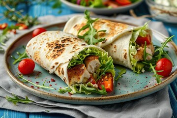 Tortilla wrap with chicken and fresh vegetables in plate on wooden table