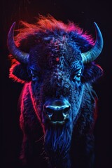   A tight shot of a bison's face, illuminated by red, blue, and pink lights emanating from its horns