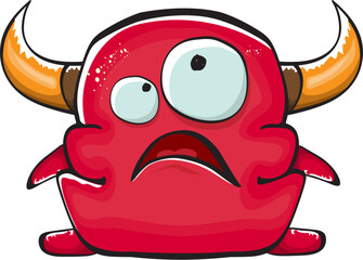 Vector cartoon funny red monster with mouth, eyes and horn isolated on white background. Smiling red cartoon monster print sticker design template. Ghost, troll, gremlin, goblin, devil and monster