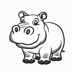   A black-and-white drawing of a hippo with a broad grin, standing before a white backdrop