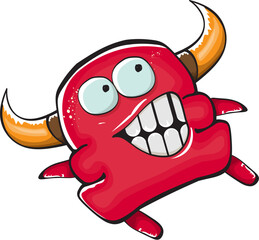 Vector cartoon funny red monster with mouth, eyes and horn isolated on white background. Smiling red cartoon monster print sticker design template. Ghost, troll, gremlin, goblin, devil and monster