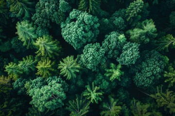 Fototapeta premium Overhead perspective of lush tree canopies creating a textured green landscape capturing the complexity of forest ecology
