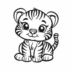   A small tiger cub in black and white, sits on the ground One paw is raised