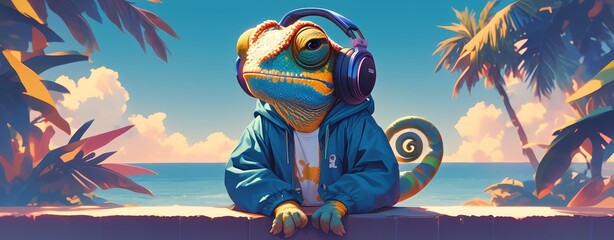 A colorful chameleon with headphones on, vibrant colors